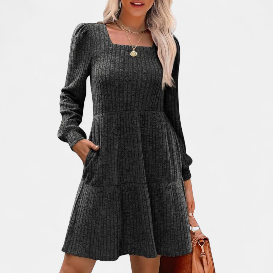 Women's Long Sleeve Ribbed Knit Dress, Square Neck With Pockets