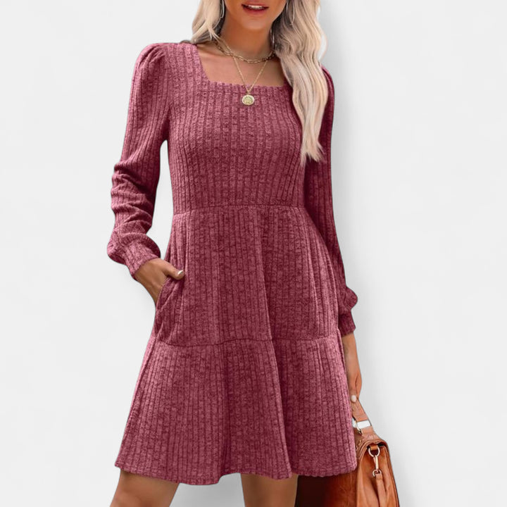 Women's Long Sleeve Ribbed Knit Dress, Square Neck With Pockets
