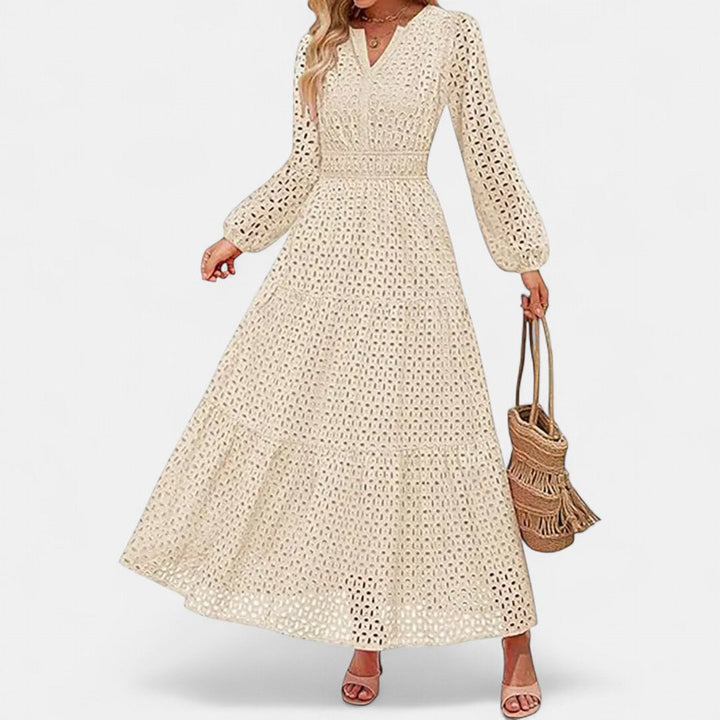 Women's Long Sleeve Eyelet Maxi Dress, V Neck Tiered A Line