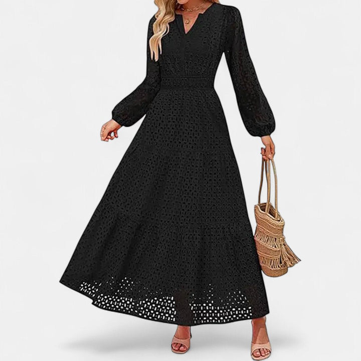 Women's Long Sleeve Eyelet Maxi Dress, V Neck Tiered A Line