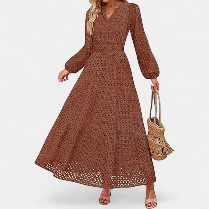 Women's Long Sleeve Eyelet Maxi Dress, V Neck Tiered A Line