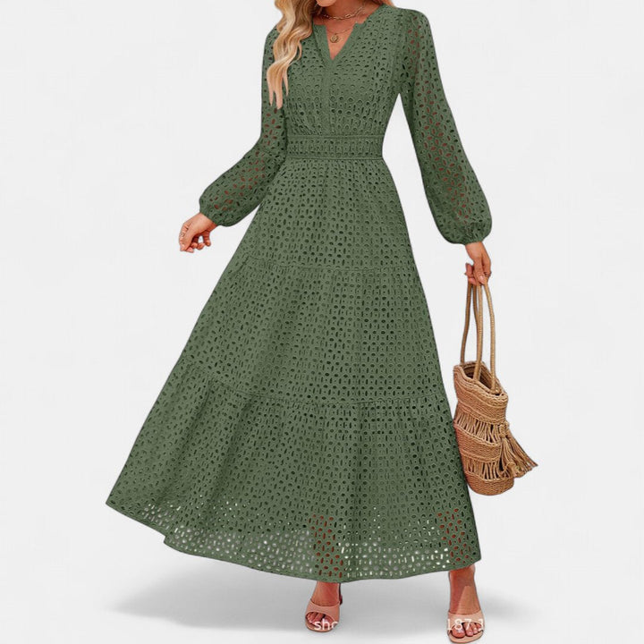 Women's Long Sleeve Eyelet Maxi Dress, V Neck Tiered A Line