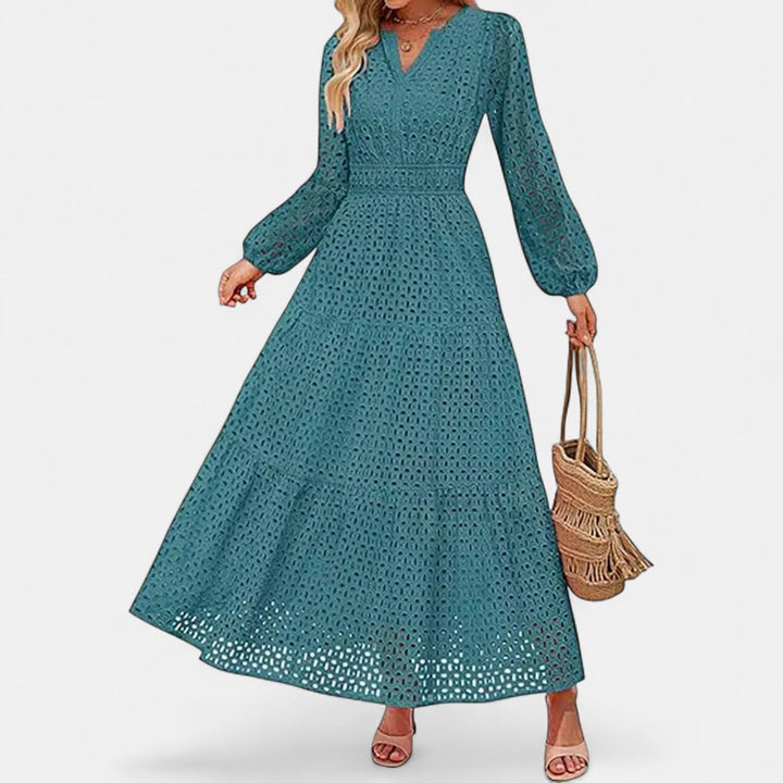 Women's Long Sleeve Eyelet Maxi Dress, V Neck Tiered A Line