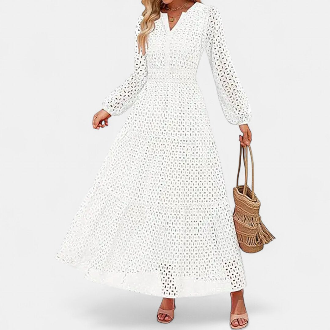 Women's Long Sleeve Eyelet Maxi Dress, V Neck Tiered A Line