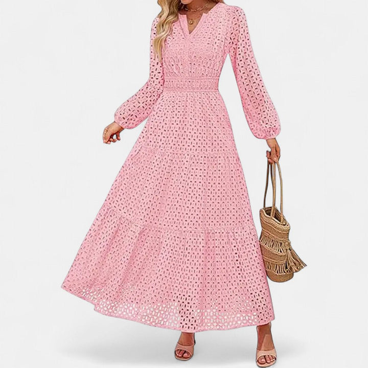 Women's Long Sleeve Eyelet Maxi Dress, V Neck Tiered A Line
