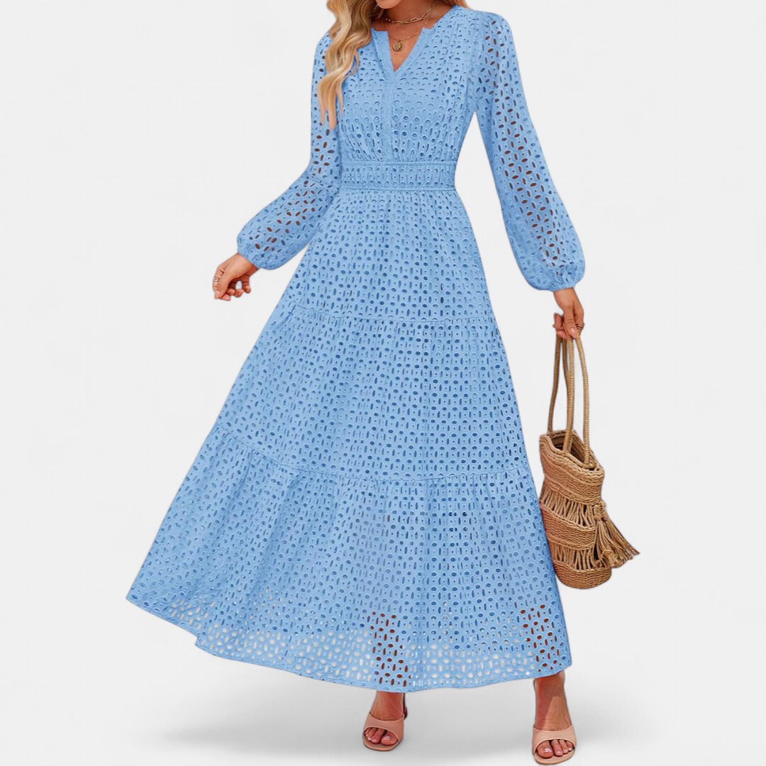 Women's Long Sleeve Eyelet Maxi Dress, V Neck Tiered A Line
