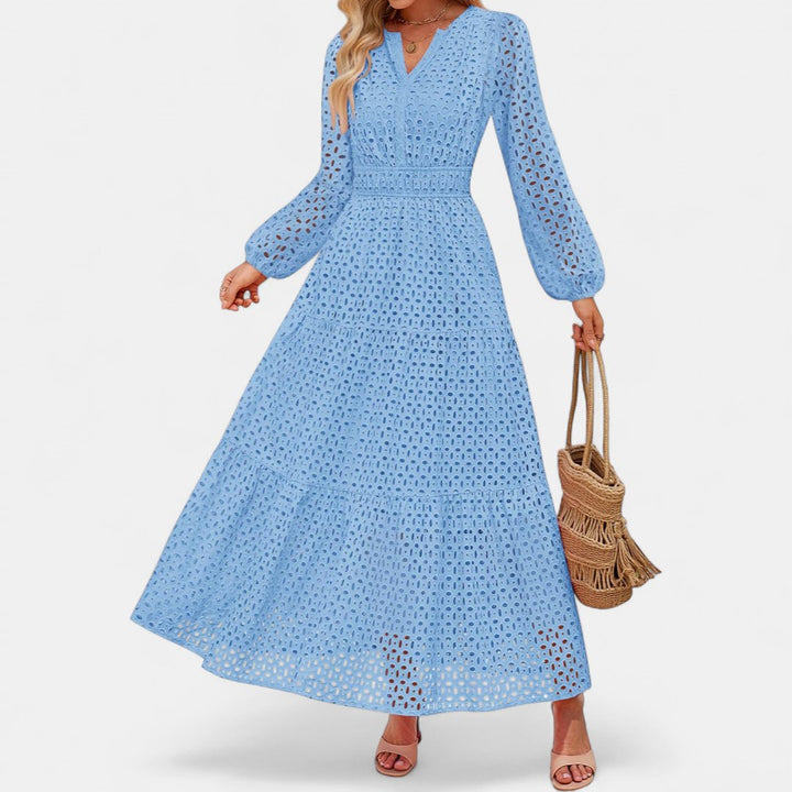Women's Long Sleeve Eyelet Maxi Dress, V Neck Tiered A Line