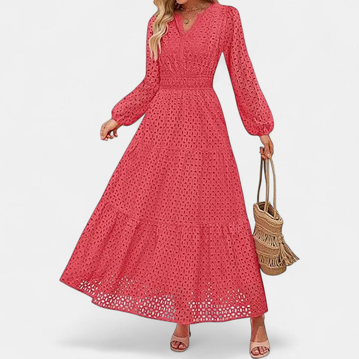Women's Long Sleeve Eyelet Maxi Dress, V Neck Tiered A Line