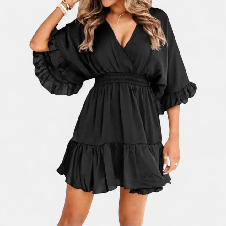 Women's Puff Sleeve Cocktail Mini Dress, V Neck Ruffle Hem