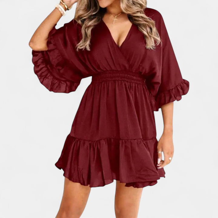 Women's Puff Sleeve Cocktail Mini Dress, V Neck Ruffle Hem