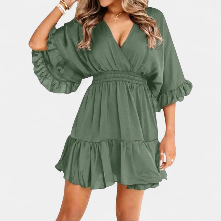 Women's Puff Sleeve Cocktail Mini Dress, V Neck Ruffle Hem