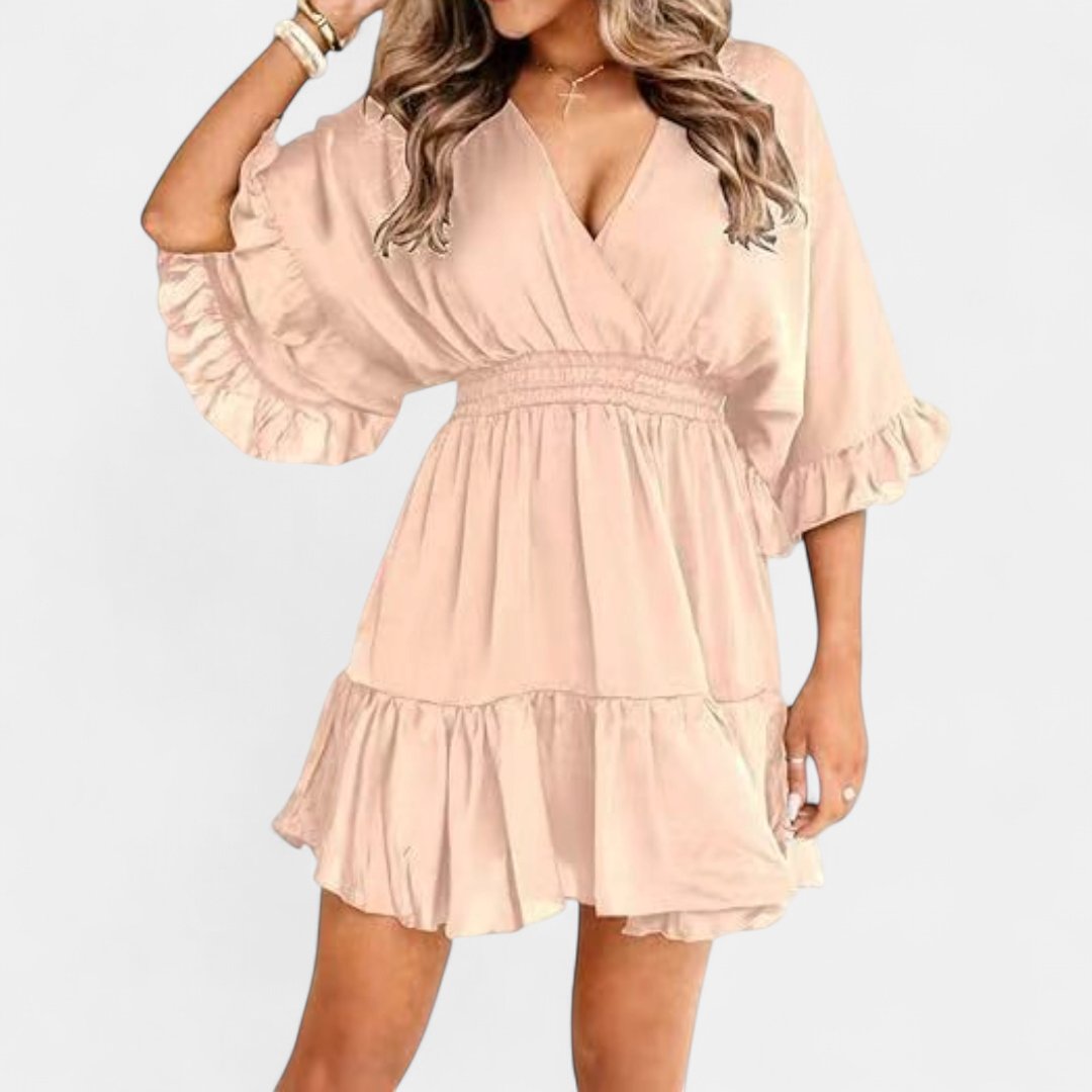 Women's Puff Sleeve Cocktail Mini Dress, V Neck Ruffle Hem