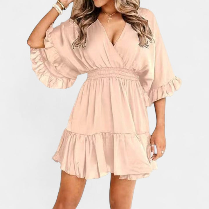 Women's Puff Sleeve Cocktail Mini Dress, V Neck Ruffle Hem