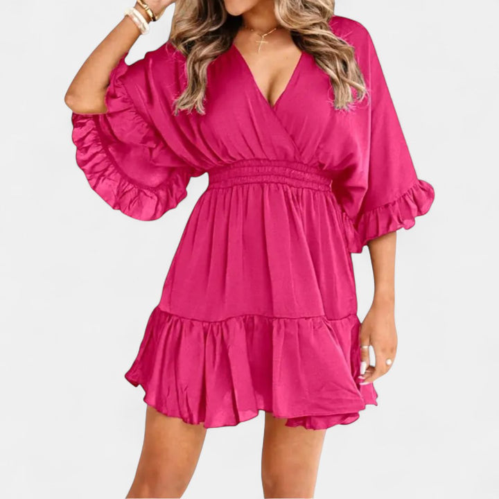 Women's Puff Sleeve Cocktail Mini Dress, V Neck Ruffle Hem
