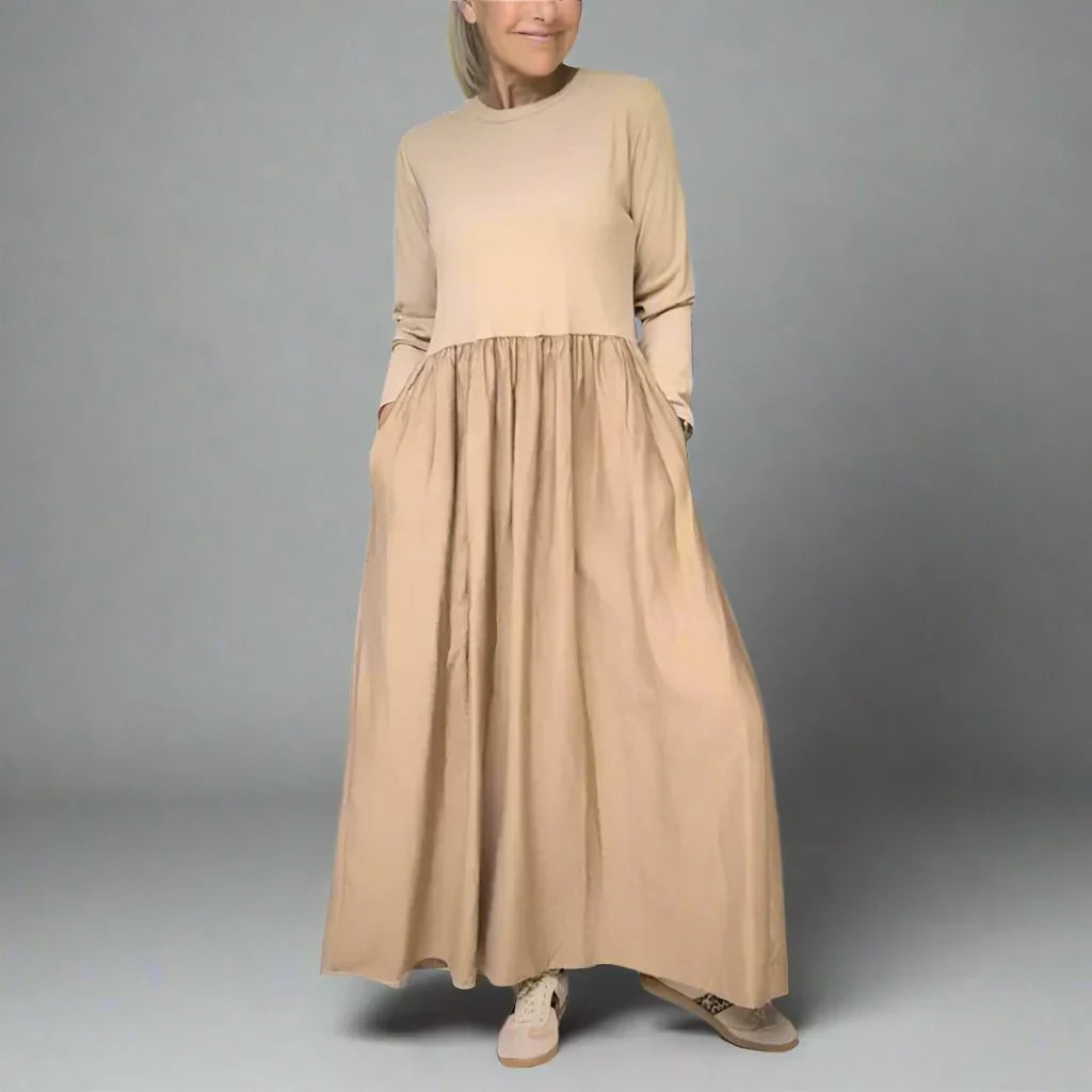Women's Long Sleeve Maxi Dress, Knit Bodice A Line With Pockets
