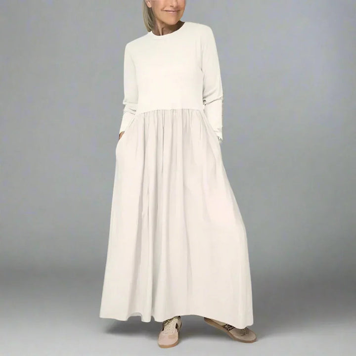 Women's Long Sleeve Maxi Dress, Knit Bodice A Line With Pockets