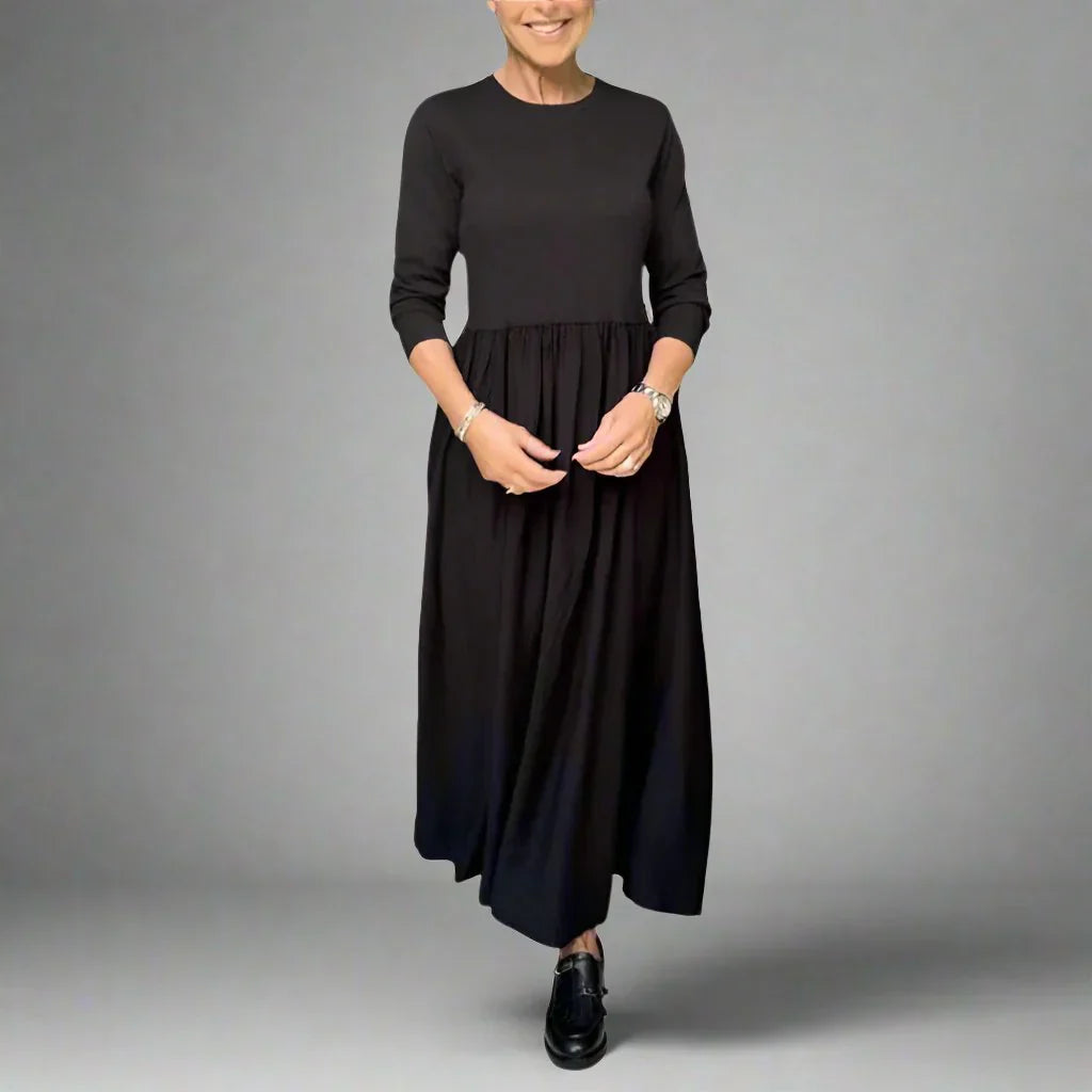 Women's Long Sleeve Maxi Dress, Knit Bodice A Line With Pockets
