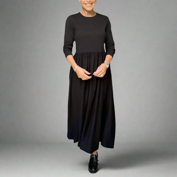 Women's Long Sleeve Maxi Dress, Knit Bodice A Line With Pockets