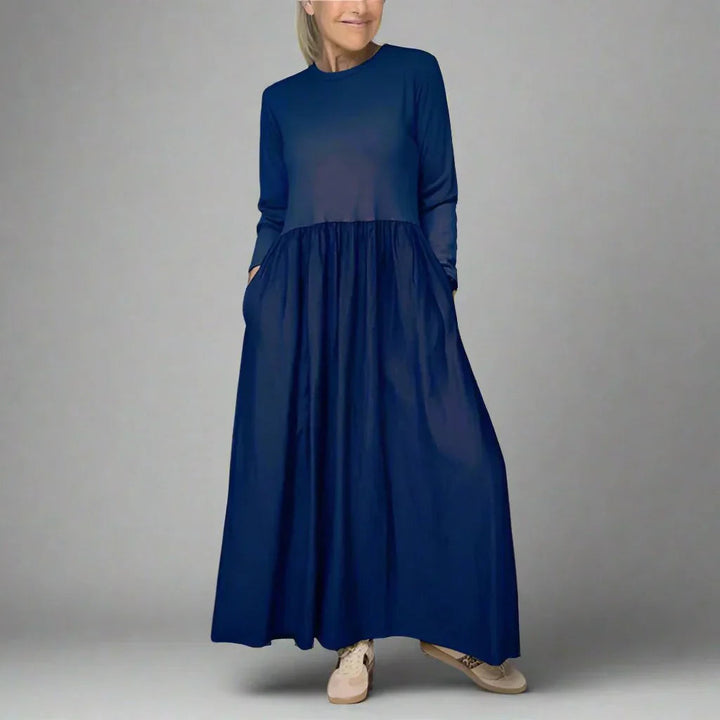 Women's Long Sleeve Maxi Dress, Knit Bodice A Line With Pockets
