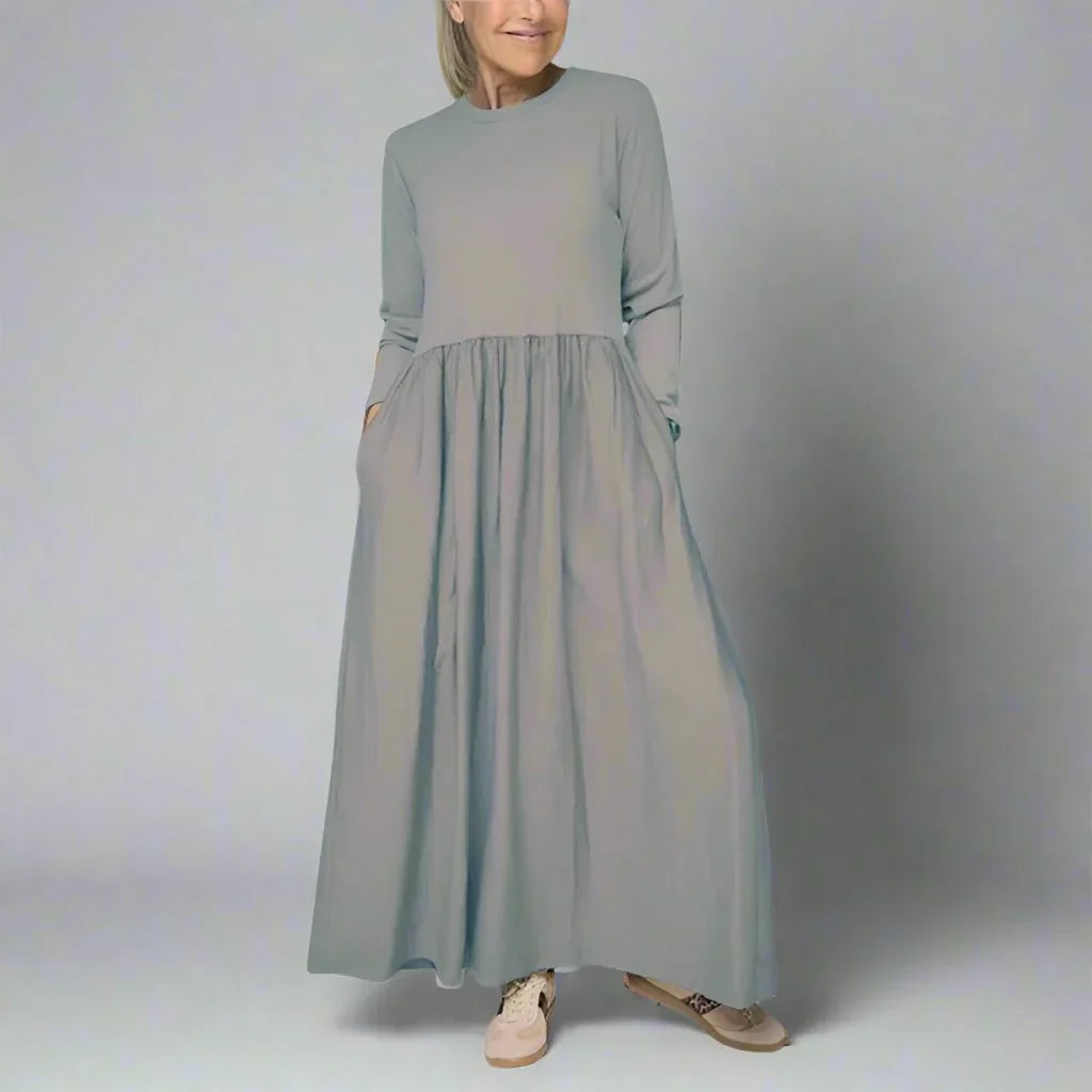 Women's Long Sleeve Maxi Dress, Knit Bodice A Line With Pockets