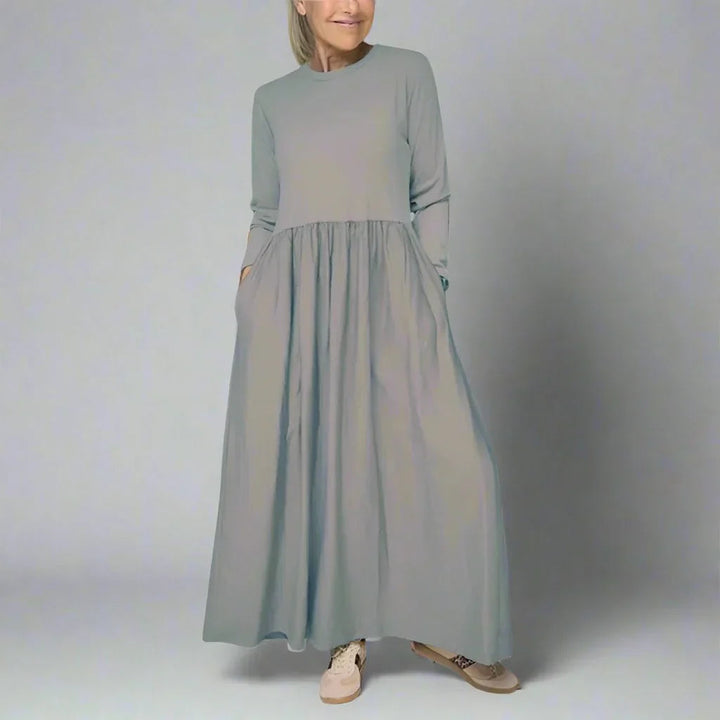 Women's Long Sleeve Maxi Dress, Knit Bodice A Line With Pockets