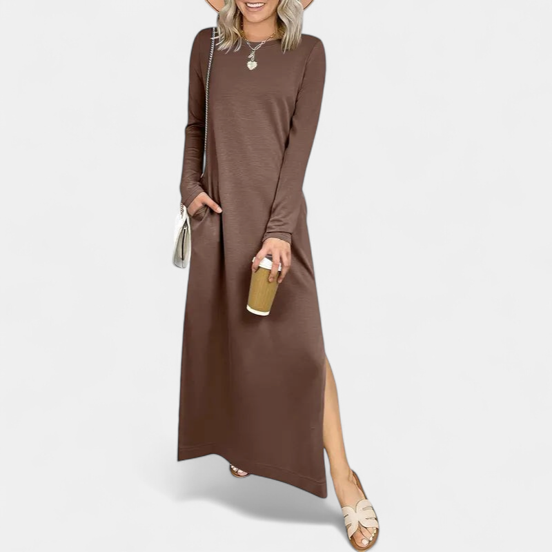Women's Long Sleeve T Shirt Maxi Dress, Crew Neck Side Slit