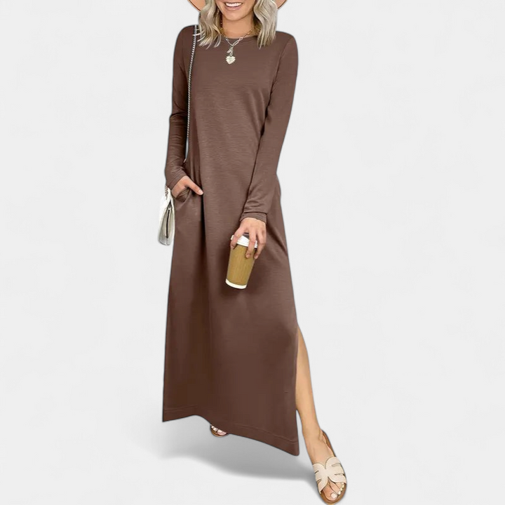 Women's Long Sleeve T Shirt Maxi Dress, Crew Neck Side Slit