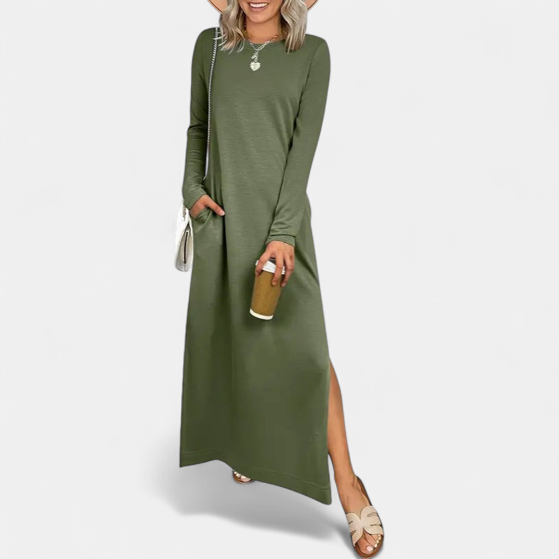Women's Long Sleeve T Shirt Maxi Dress, Crew Neck Side Slit
