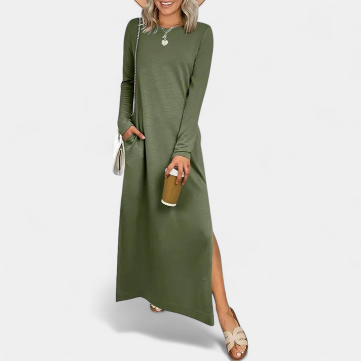 Women's Long Sleeve T Shirt Maxi Dress, Crew Neck Side Slit