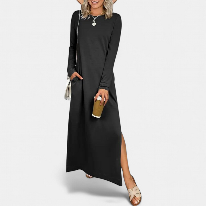 Women's Long Sleeve T Shirt Maxi Dress, Crew Neck Side Slit