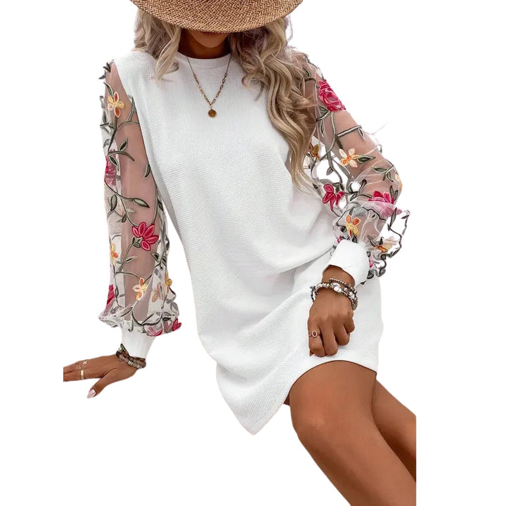 Women's Long Sleeve Shift Mini Dress, Floral Mesh Bishop Sleeve