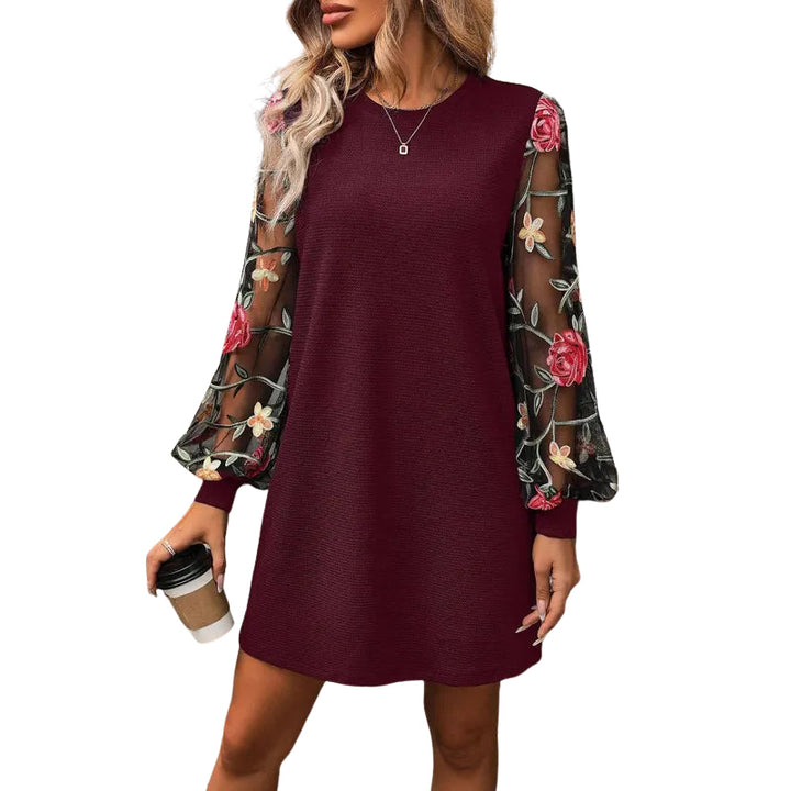 Women's Long Sleeve Shift Mini Dress, Floral Mesh Bishop Sleeve