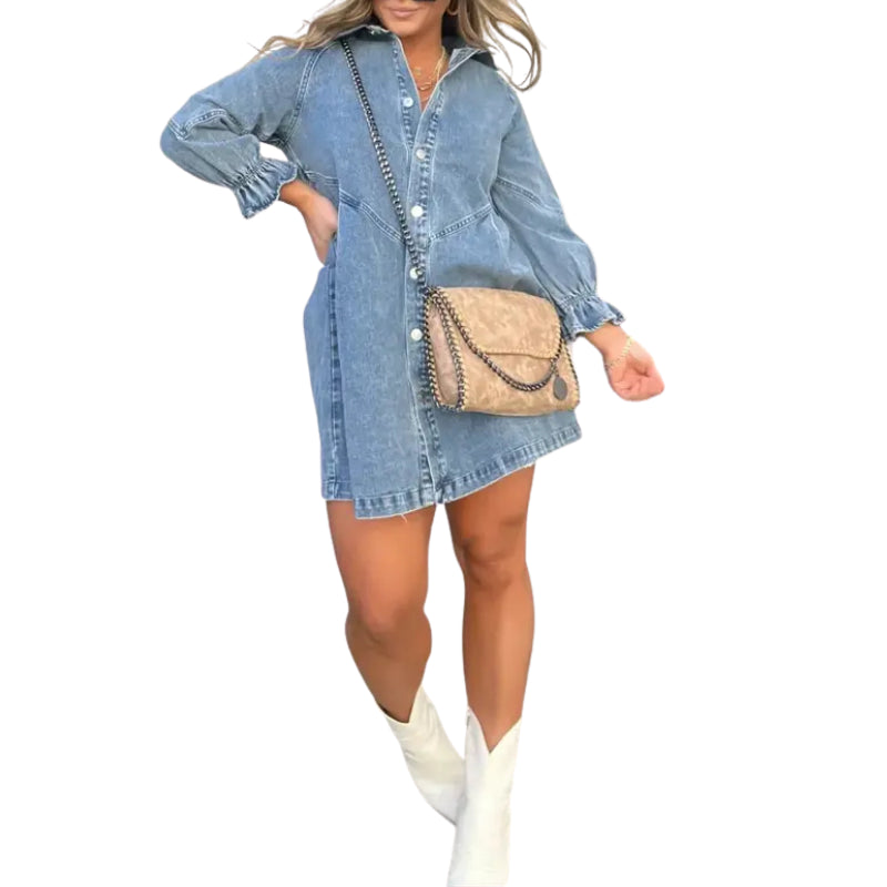 Women's Long Sleeve Denim Shirt Dress, Button Front Mini