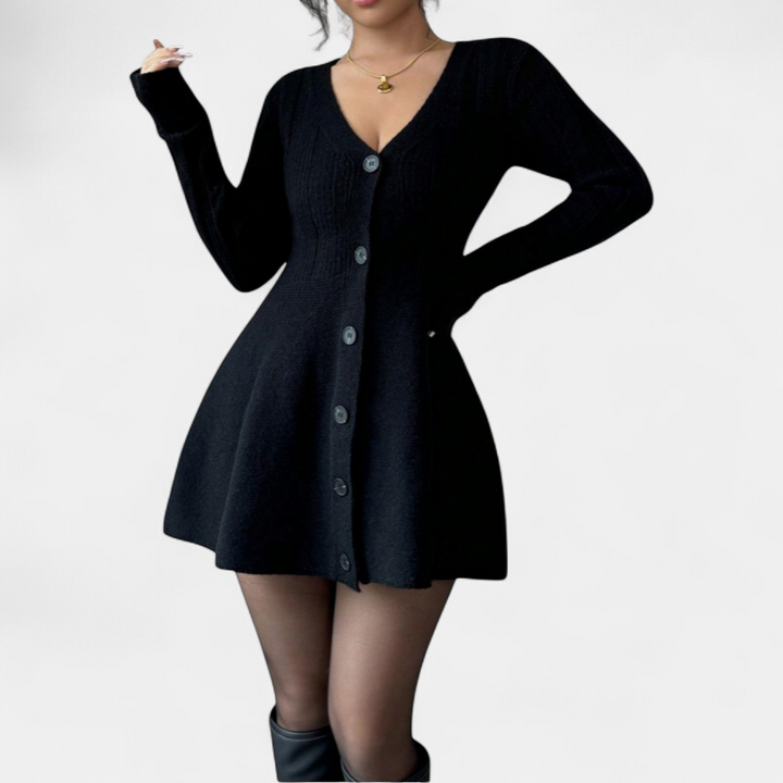 Women's Long Sleeve Fit and Flare Dress, V Neck Button Front