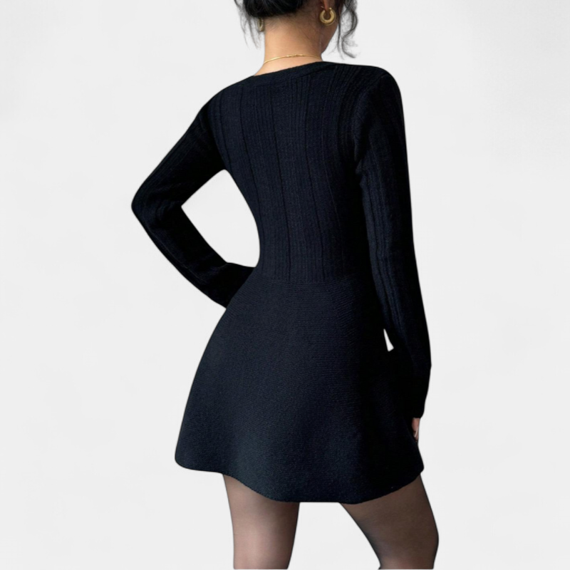 Women's Long Sleeve Fit and Flare Dress, V Neck Button Front