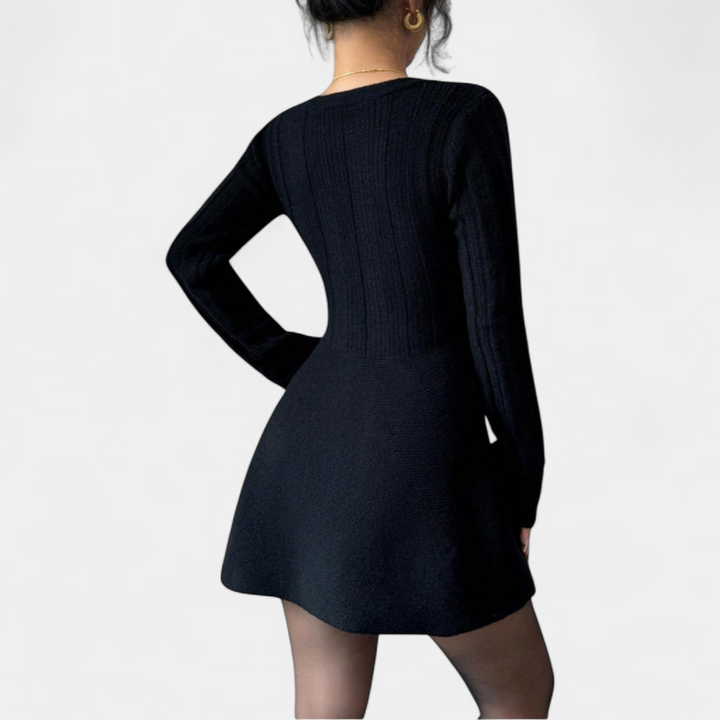 Women's Long Sleeve Fit and Flare Dress, V Neck Button Front
