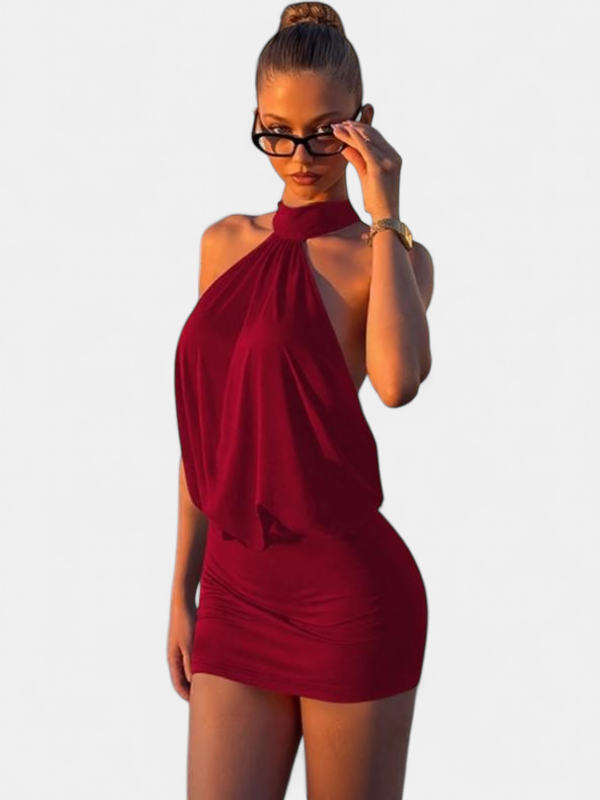 Women's Halter Neck Cocktail Mini Dress, Backless Draped Cowl
