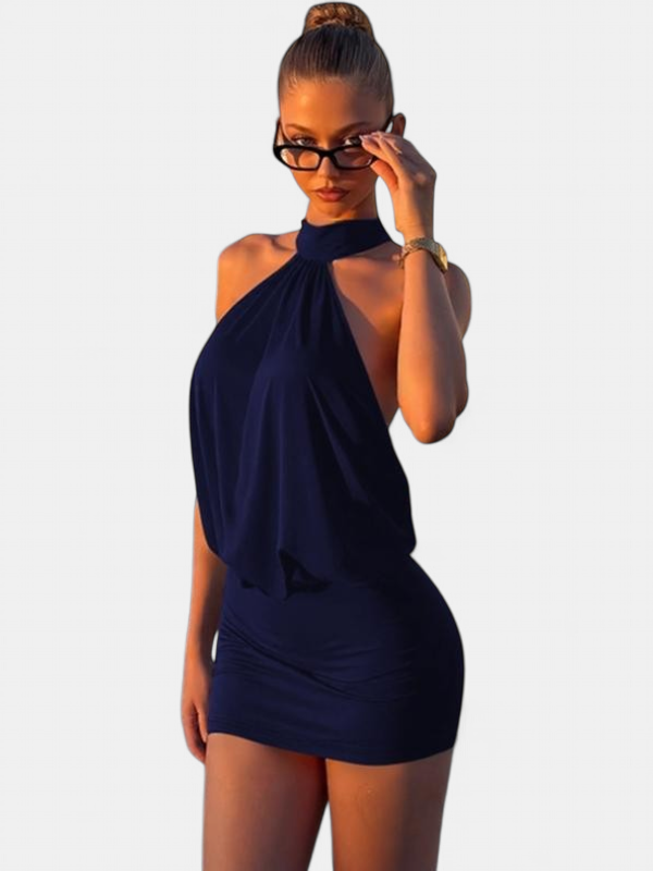 Women's Halter Neck Cocktail Mini Dress, Backless Draped Cowl