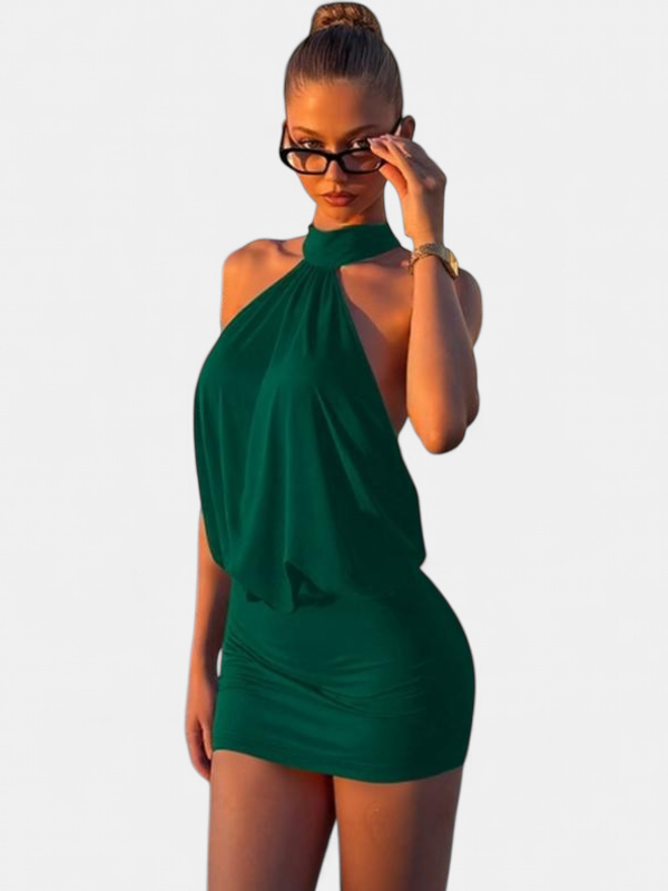Women's Halter Neck Cocktail Mini Dress, Backless Draped Cowl