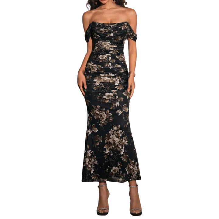 Women's Off Shoulder Cocktail Maxi Dress, Floral Mesh Bodycon