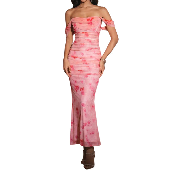 Women's Off Shoulder Cocktail Maxi Dress, Floral Mesh Bodycon