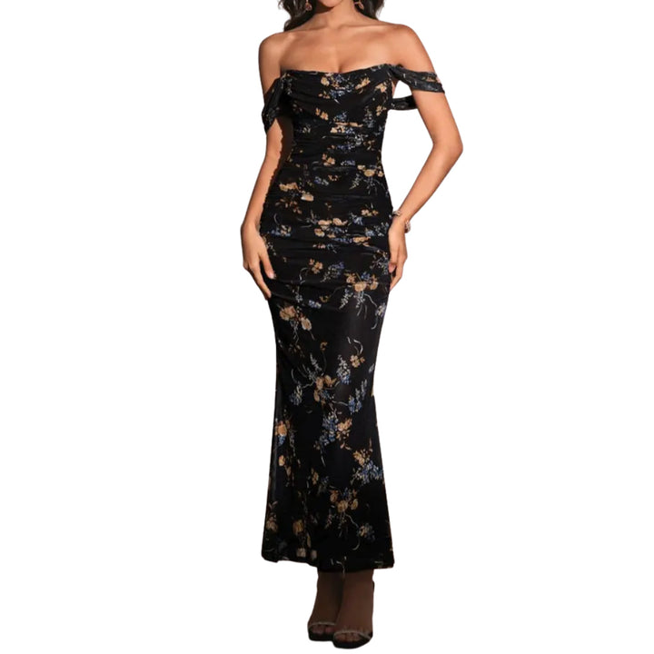 Women's Off Shoulder Cocktail Maxi Dress, Floral Mesh Bodycon