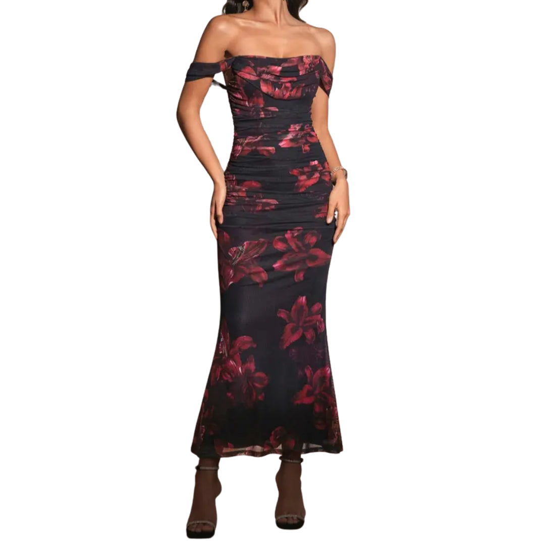 Women's Off Shoulder Cocktail Maxi Dress, Floral Mesh Bodycon