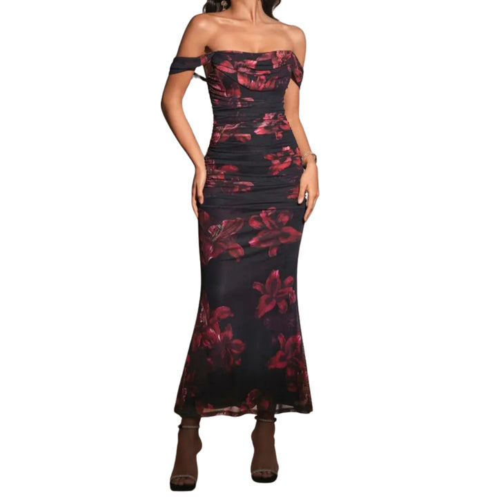 Women's Off Shoulder Cocktail Maxi Dress, Floral Mesh Bodycon
