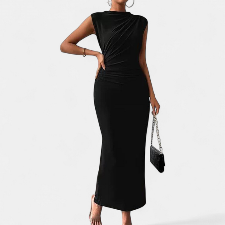 Women's Sleeveless Cocktail Midi Dress, Ruched High Neck Bodycon