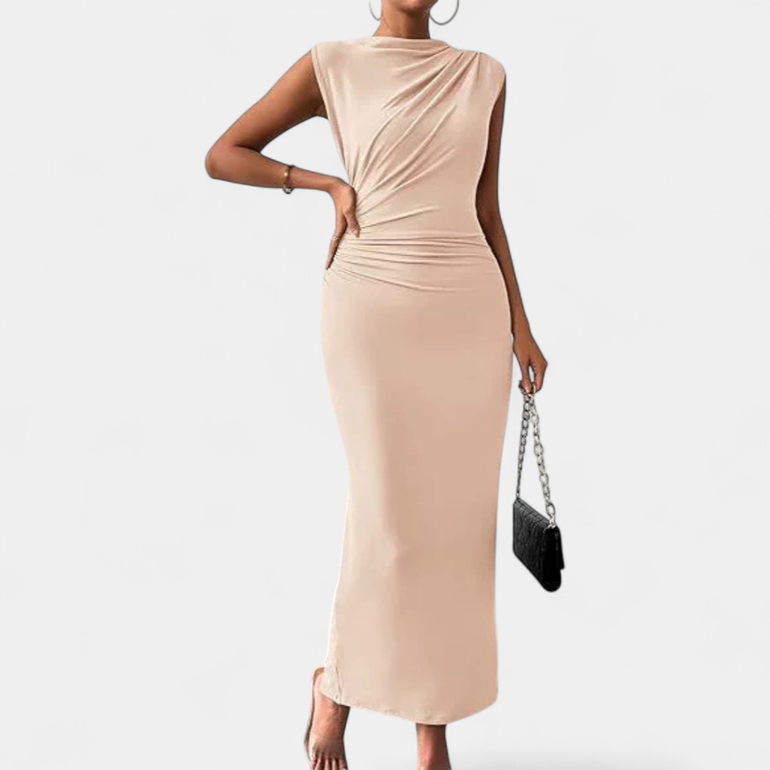 Women's Sleeveless Cocktail Midi Dress, Ruched High Neck Bodycon
