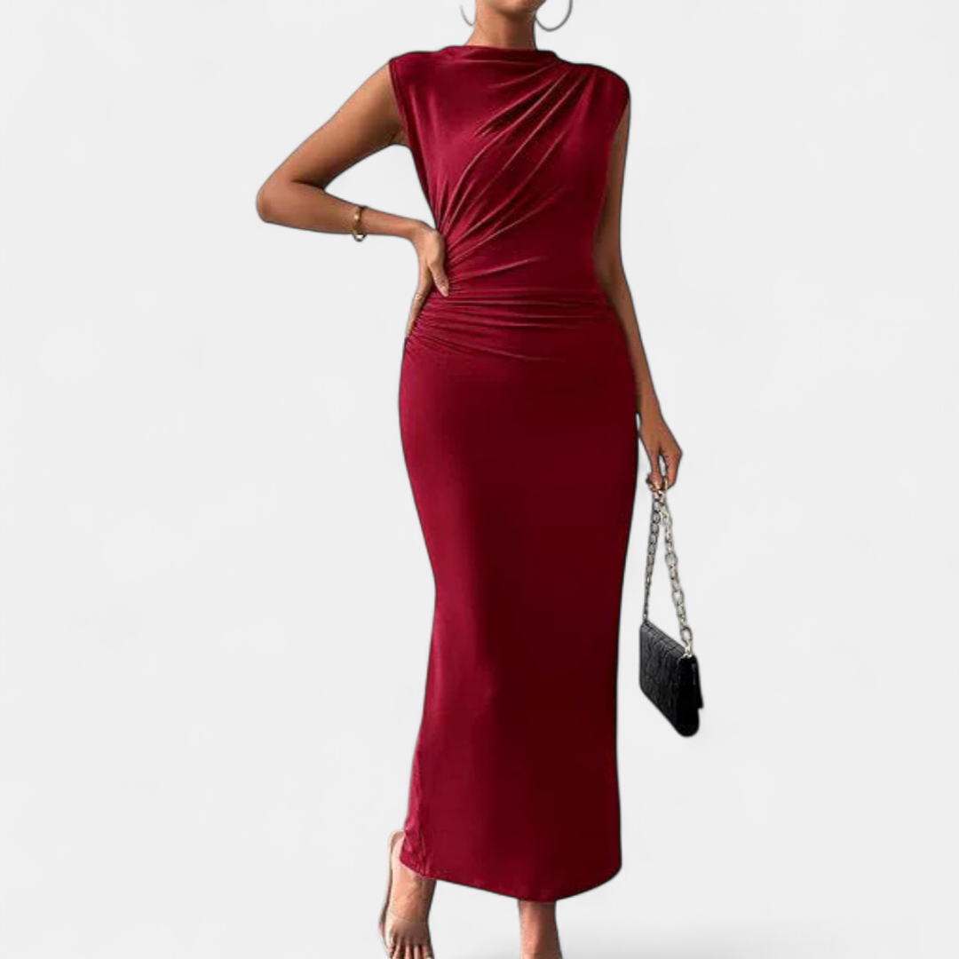 Women's Sleeveless Cocktail Midi Dress, Ruched High Neck Bodycon
