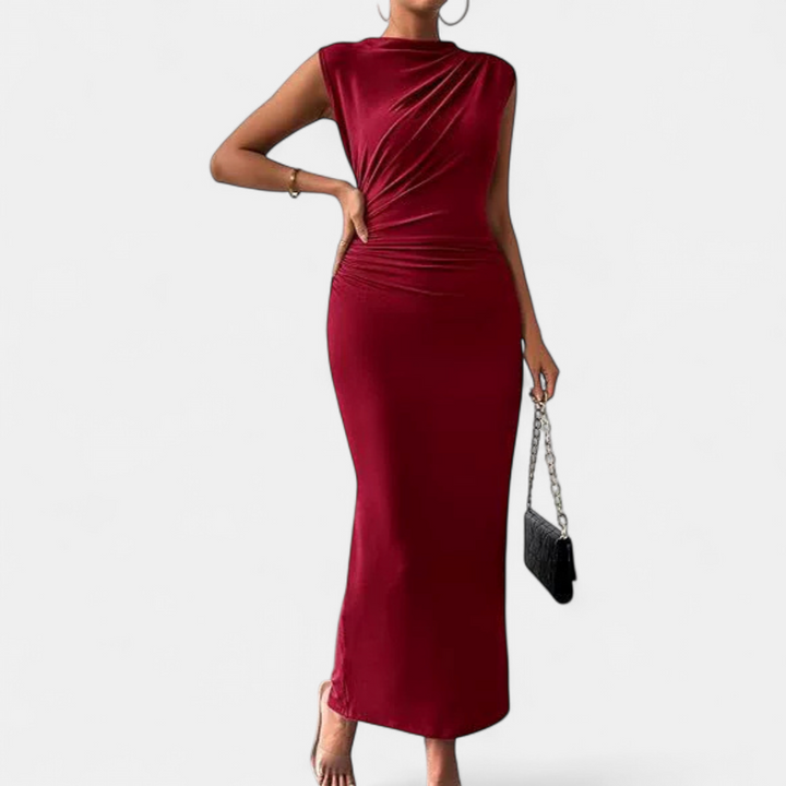 Women's Sleeveless Cocktail Midi Dress, Ruched High Neck Bodycon