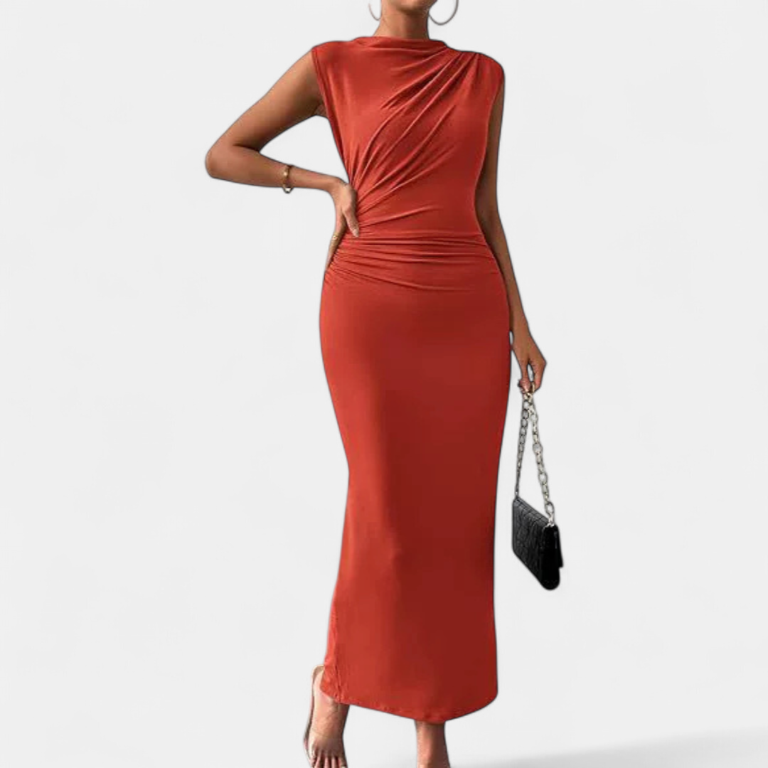 Women's Sleeveless Cocktail Midi Dress, Ruched High Neck Bodycon