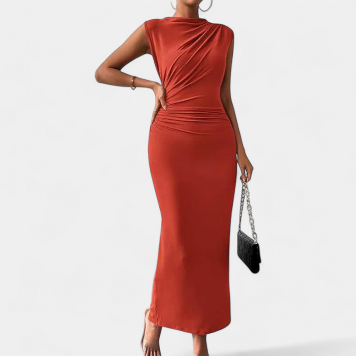 Women's Sleeveless Cocktail Midi Dress, Ruched High Neck Bodycon